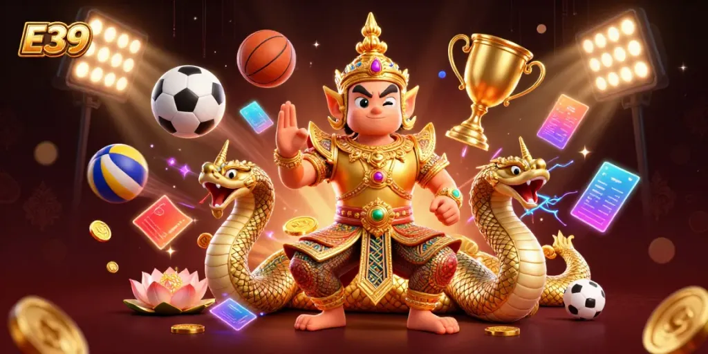 Hành động đặt cược tại E39 với Naga và yaksha trong không gian đầy màu sắc.