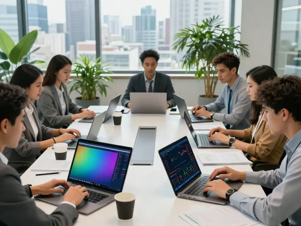 Collaborative team analyzing financial trends with FintechZoom.com insights in modern workspace