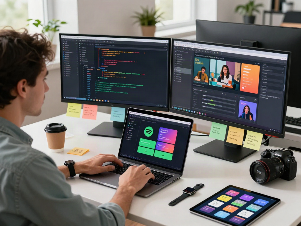 Innovative developer crafting a spotify mod app in a modern workspace
