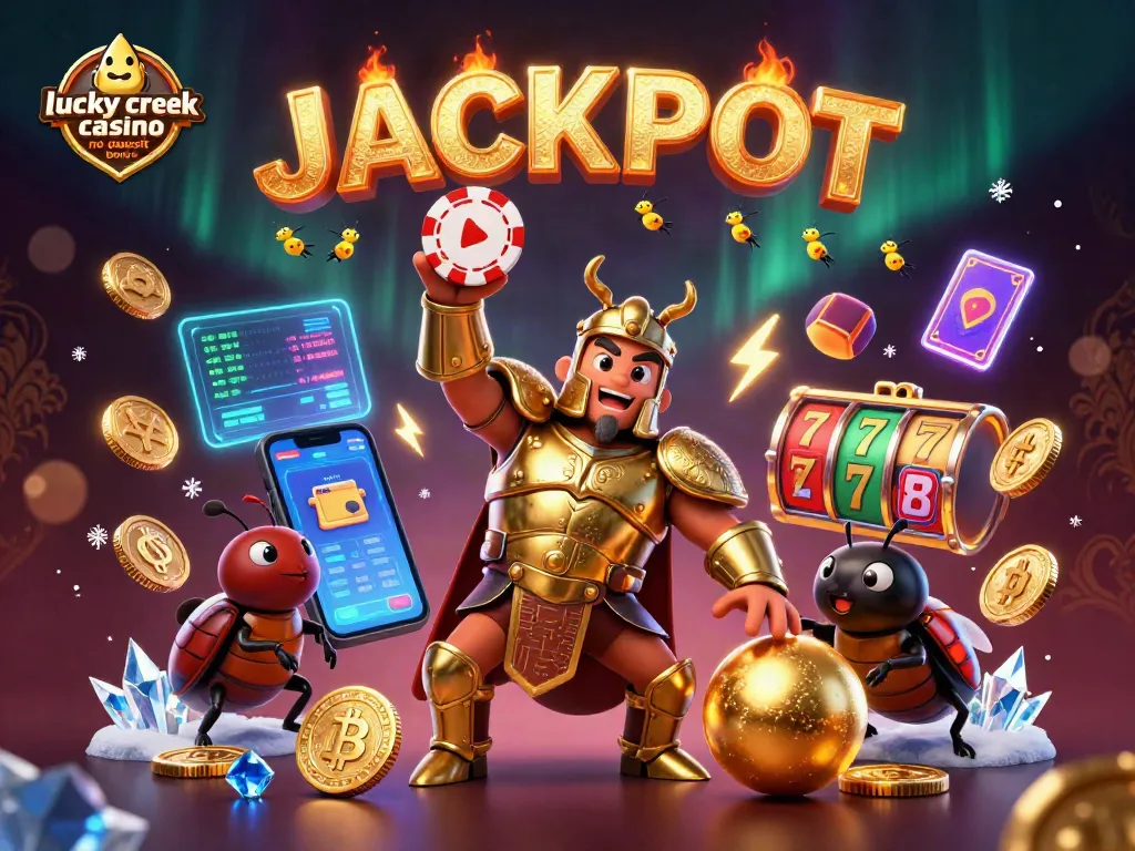 Engage with lucky creek casino no deposit bonus through vibrant 3D illustration featuring gaming elements.