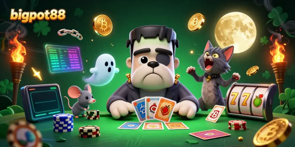Engage with bigpot88: A vibrant 3D scene featuring a Frankenstein bulldog dealer, ghost mouse and werewolf kitten amid neon casino-themed elements.