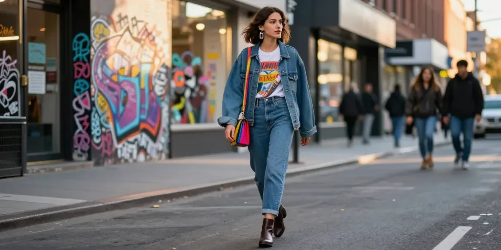 Young woman in stylish outfit walking confidently, representing Fashionisk.com urban street fashion.