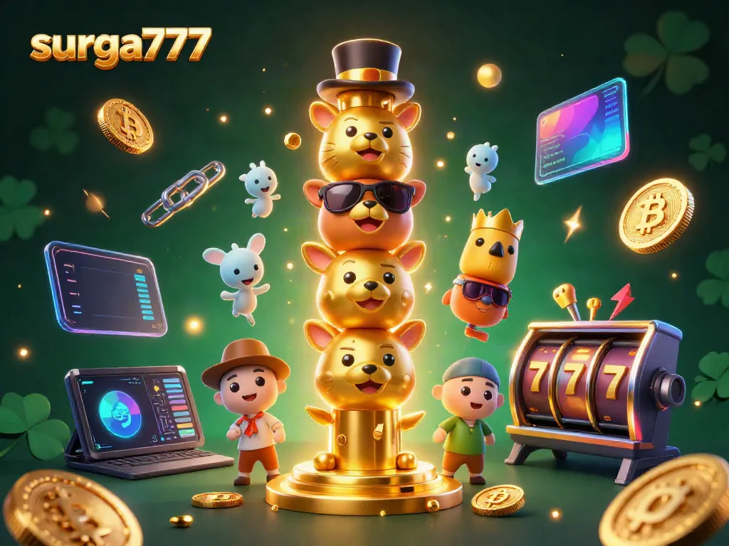 Spin slots and win big at surga777 with a dynamic 3D illustration of gaming excitement.
