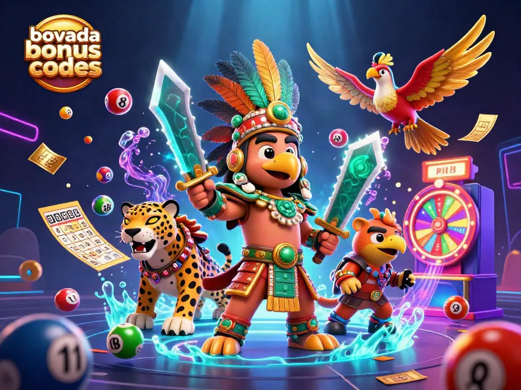 Bovada bonus codes illuminate a vibrant casino scene filled with dynamic lottery elements and energetic characters.