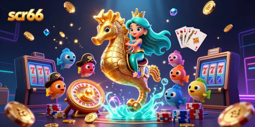 Experience the excitement of scr66 with a vibrant, colorful underwater casino scene featuring a mermaid and seahorse.