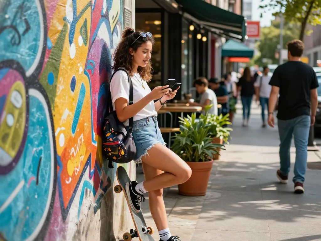 Chloe Sunderland enjoying a vibrant urban lifestyle conversation in trendy streetwear.