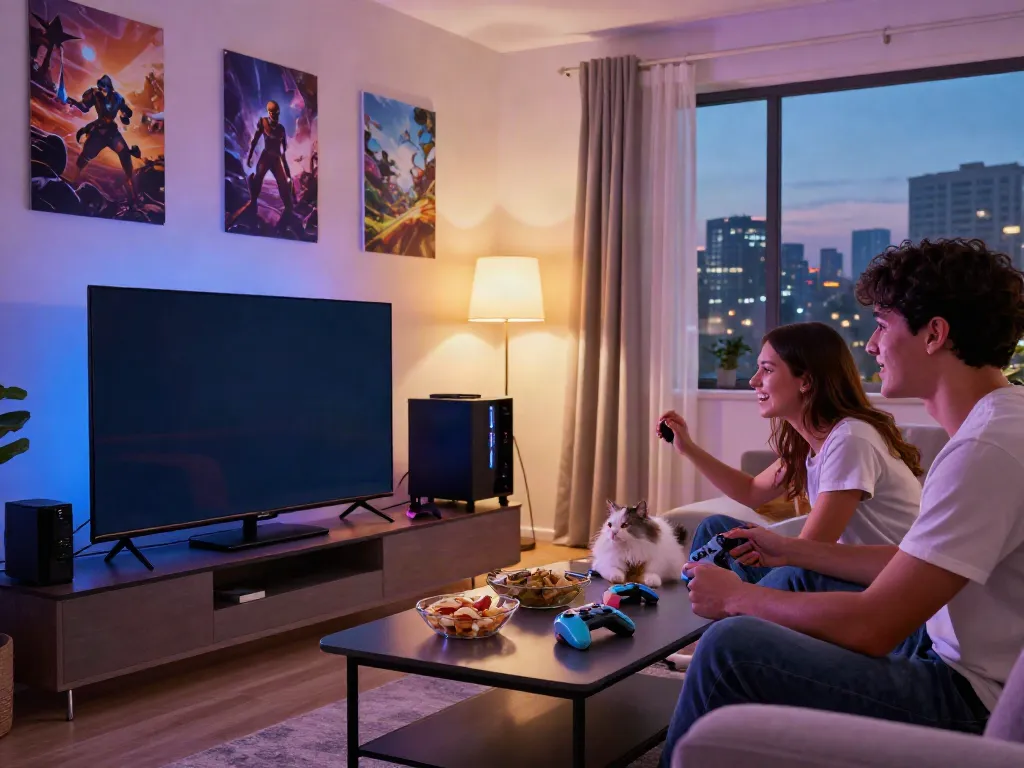 Exciting gaming scene featuring a couple playing on a flat-screen TV with vibrant atmosphere