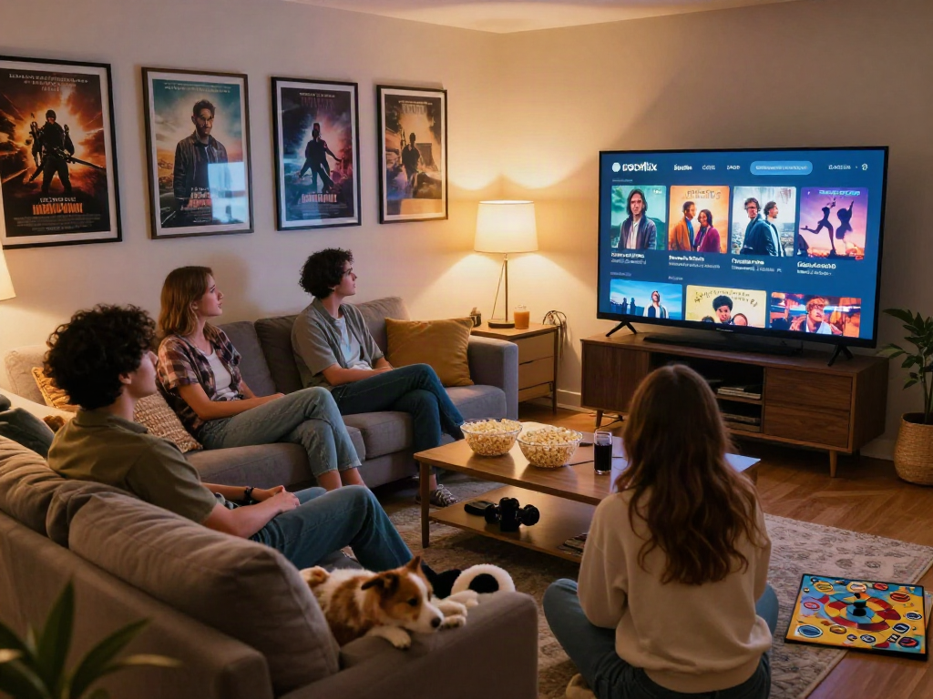 Friends enjoying a movie night, cocoflix streaming on a big screen, cozy living room.