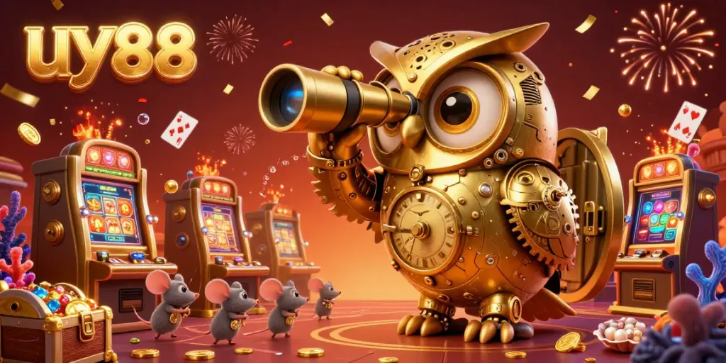 Engage with uy88's vibrant casino world, showcased by a golden owl scanning the dynamic gaming floor.