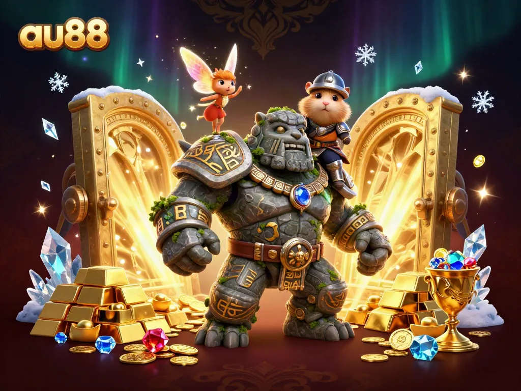 Join the adventure with au88's vibrant 3D illustration showcasing thrilling casino elements.