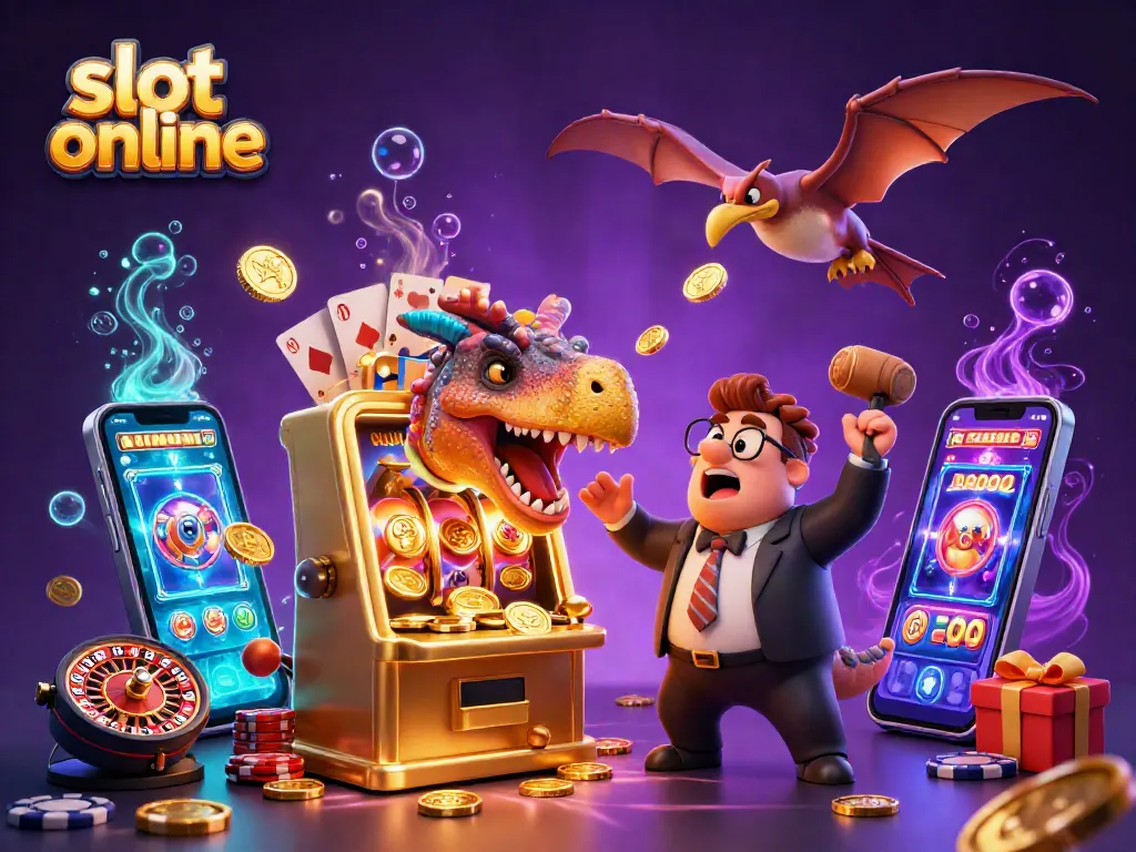 Experience slot online excitement with a cartoon dinosaur jackpot headbutt scene, capturing dynamic casino action.
