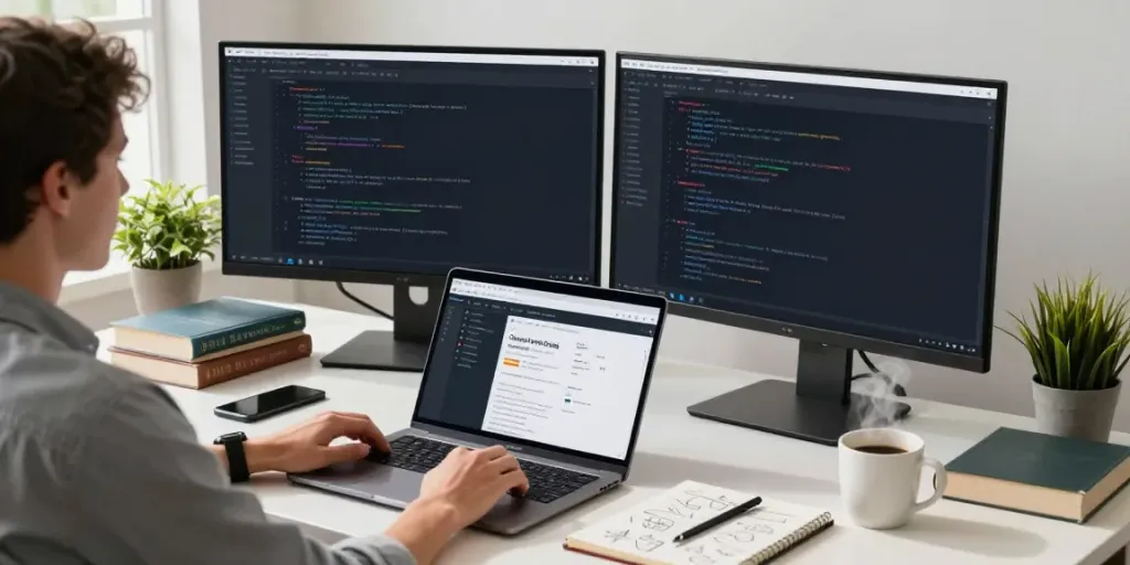 Developer utilizing instant indexing tools at a modern workspace with dual monitors