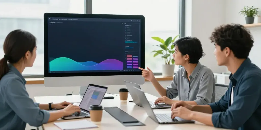 Creative marketing team analyzing the best websites to buy web clicks in a modern office