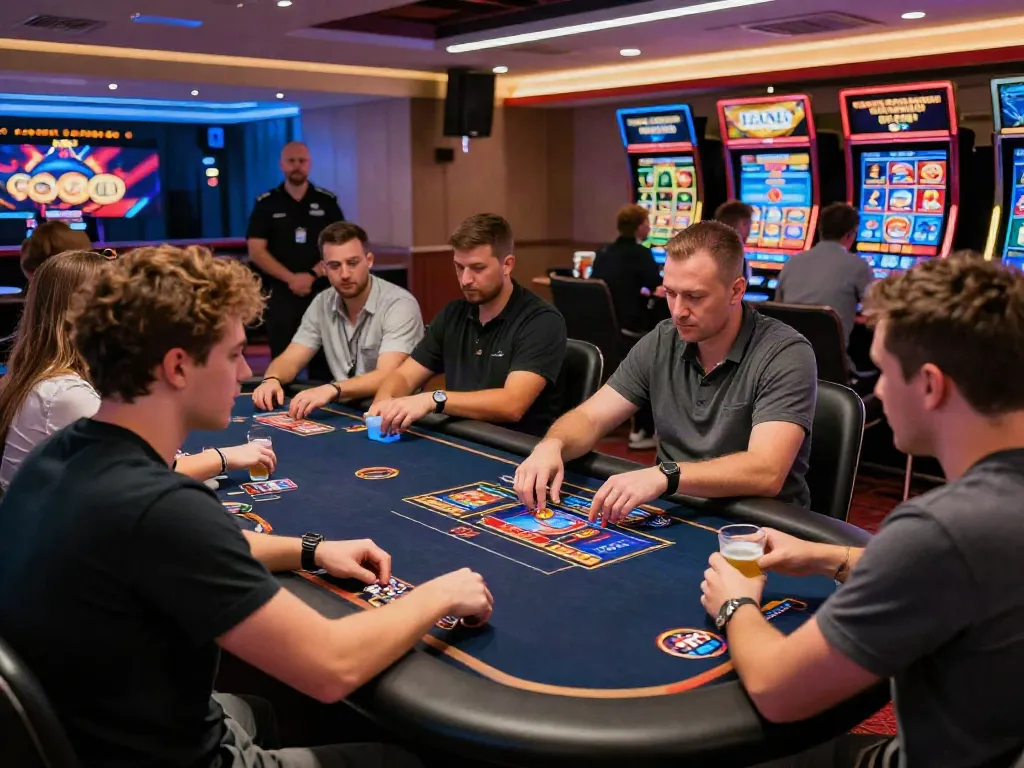 Exciting action at credit card casinos UK with diverse players enjoying games and bonuses in a vibrant modern setting.