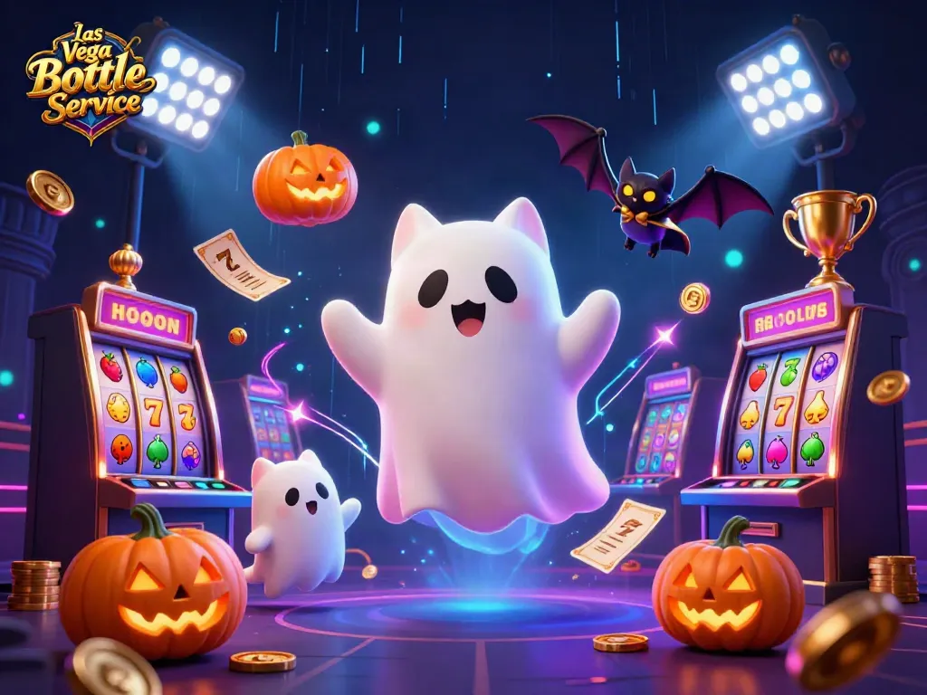 Experience Las Vegas Bottle Service with a lively scene of a ghost cat and a vampire bat in a haunted casino environment.