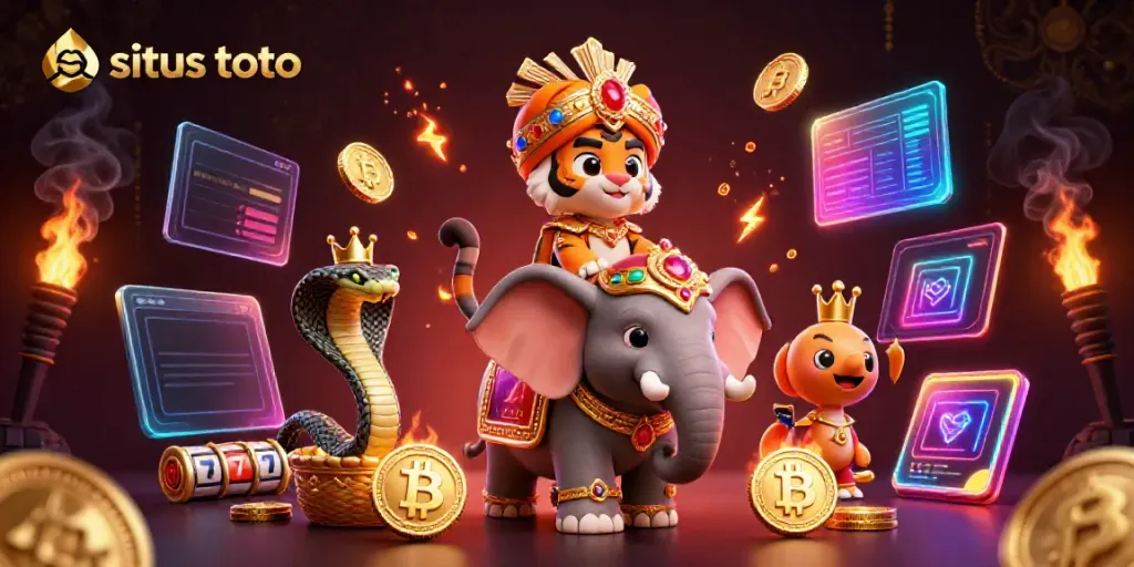 Ilustrasi kasino 3D yang menampilkan situs toto dengan singa maharaja dan gajah.
