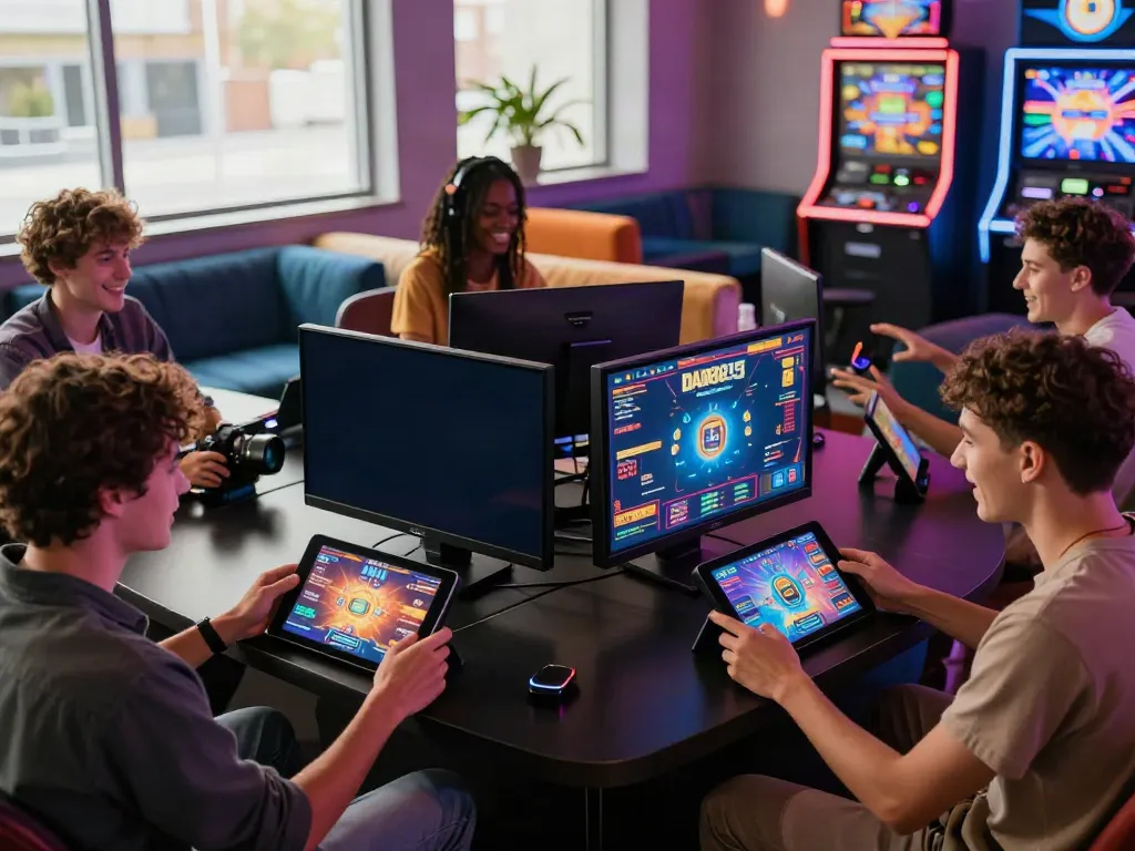 Exciting group of friends playing DA88 games in a vibrant gaming lounge.