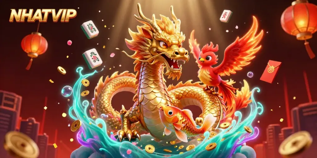 Experience NHATVIP's dynamic gaming world with a fierce dragon and lucky koi amidst floating casino elements.