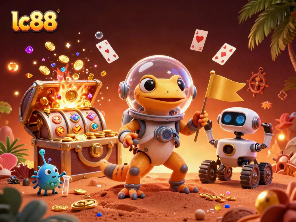 Experience excitement with lc88 as a Martian gecko explores a vibrant casino scene in a dynamic illustration.