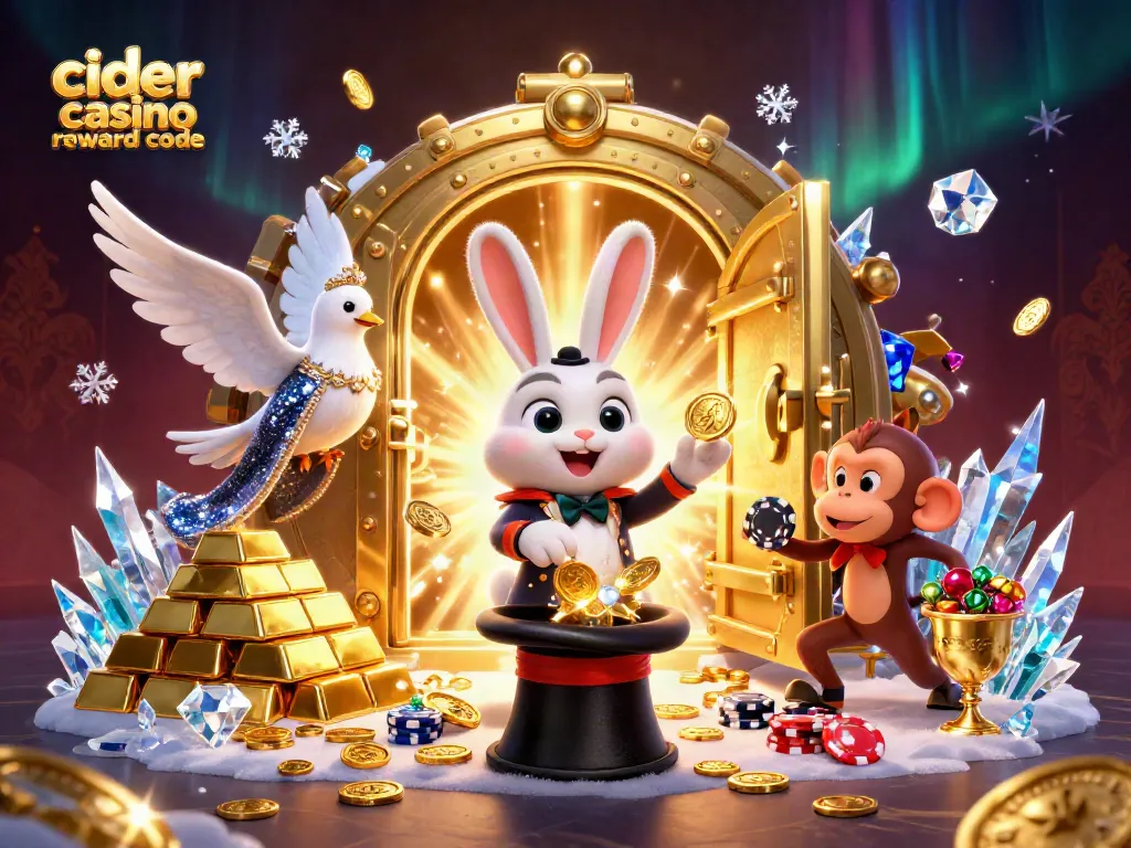 Engage with the cider casino reward code as a magician rabbit pulls golden coins amidst casino treasures.