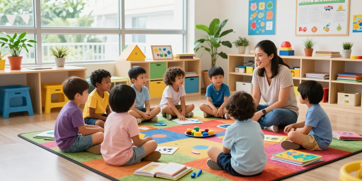 Children actively learning at an international kindergarten Singapore, showcasing collaboration and creativity in a vibrant classroom.