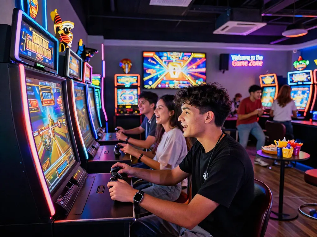Exciting scene of a player engaged in a slot game with vibrant gaming decor and friends around in a lively gaming lounge.
