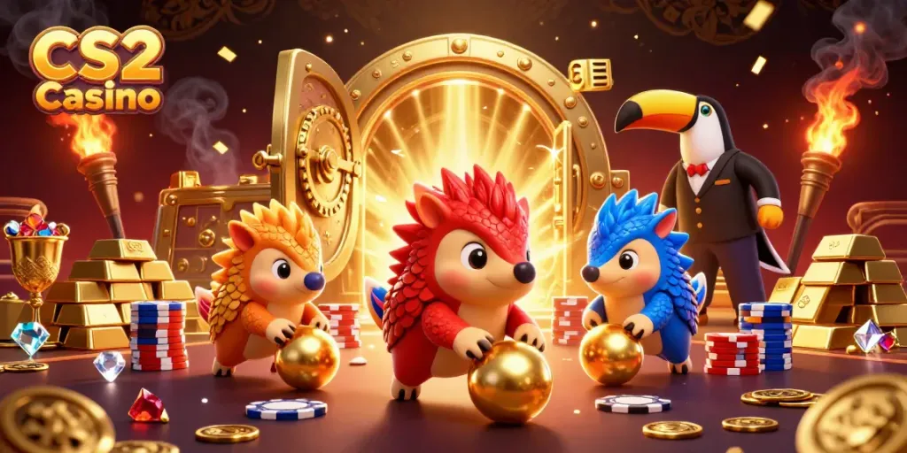 Rival pangolins in armor rolling golden balls with poker chips at the CS2 Casino.
