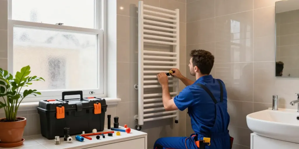 Professional plumber from wefix london installing heated towel rail in a modern bathroom.
