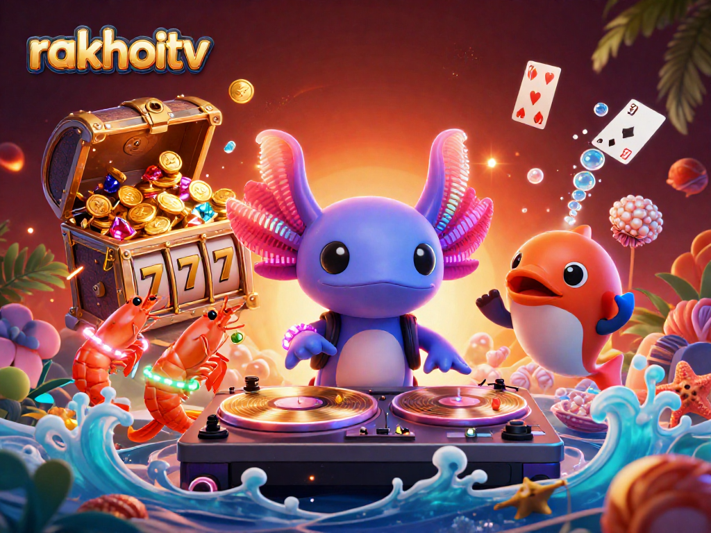 Experience the excitement of online gaming with rakhoitv's vibrant casino scene featuring an animated DJ.