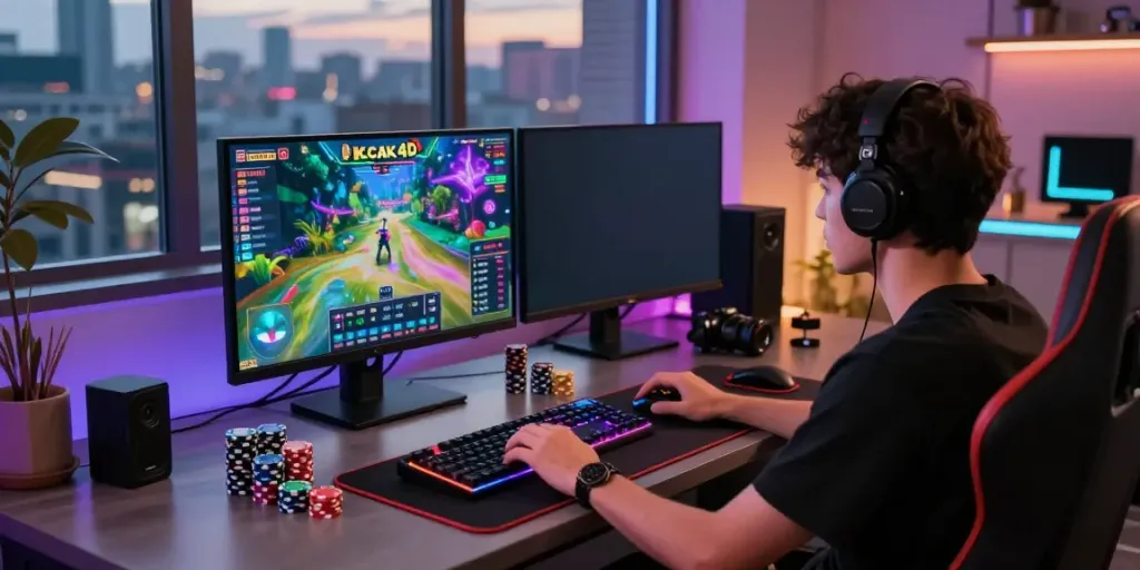 Engaged user playing kecak4d in a modern gaming setup with vibrant visuals and city view at dusk.