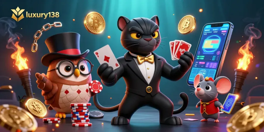 Engage in thrilling games at luxury138, featuring stylish characters in a vibrant casino scene.