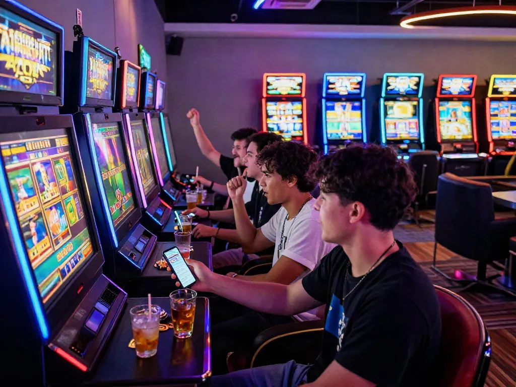 Players celebrating a slot jackpot win in a vibrant gaming lounge filled with excitement.