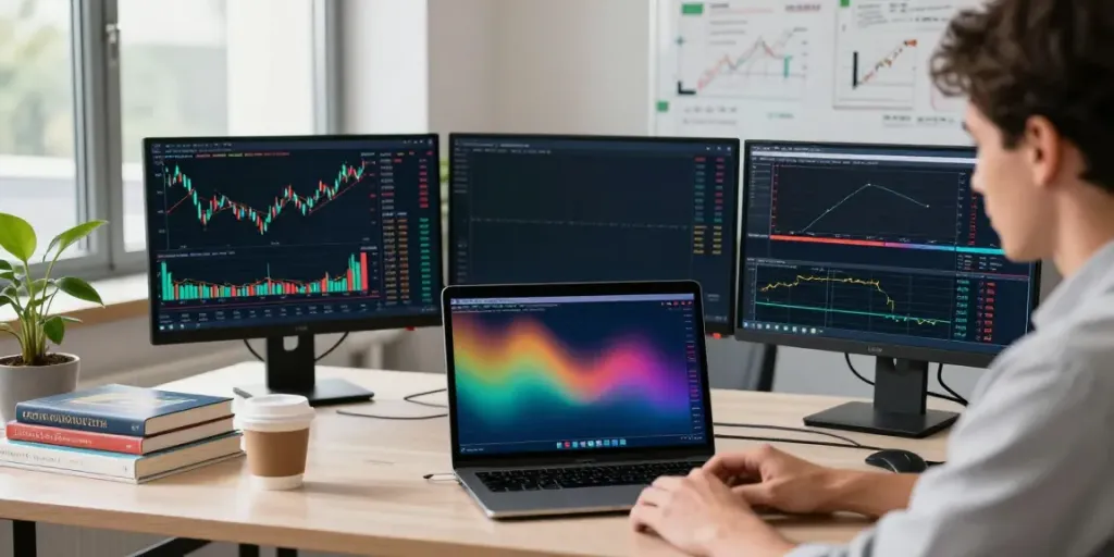 Trader utilizing MetaTrader 5 in a modern workspace with multiple monitors and financial charts.