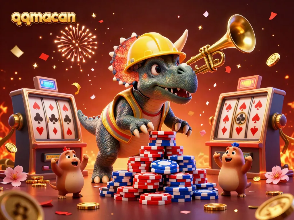 qqmacan celebrates with characters building a poker chip pyramid amid exciting casino elements.