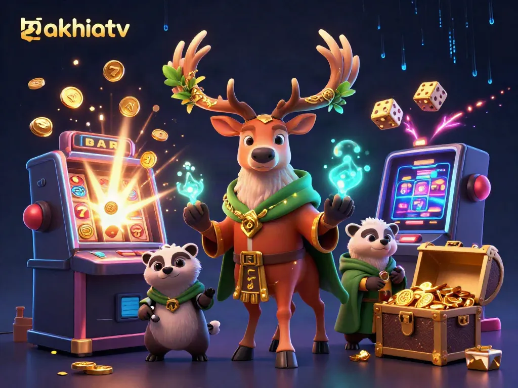 Cakhiatv presents a vibrant scene with a Celtic druid stag and badger amidst a jackpot explosion, highlighting exciting casino elements.