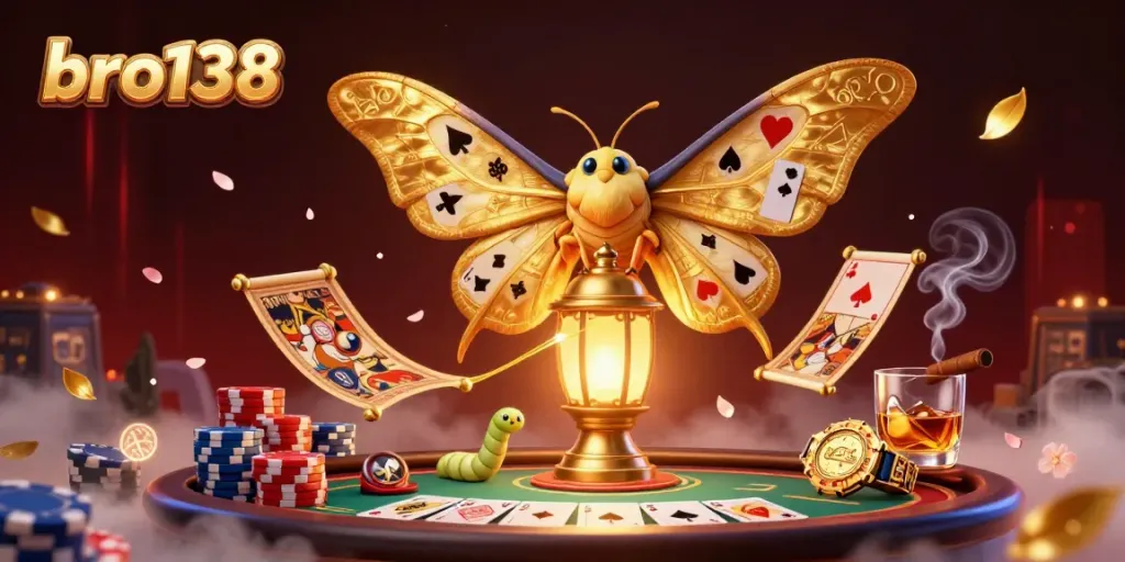 Play thrilling games at bro138 with a vibrant scene featuring golden wings, poker elements, and illuminated lanterns.