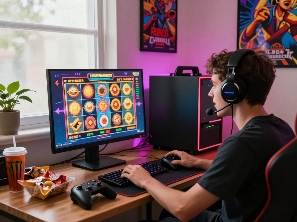 A player enjoying a thrilling slot game at home, surrounded by colorful graphics and gaming accessories, showcasing an engaging online gaming experience.
