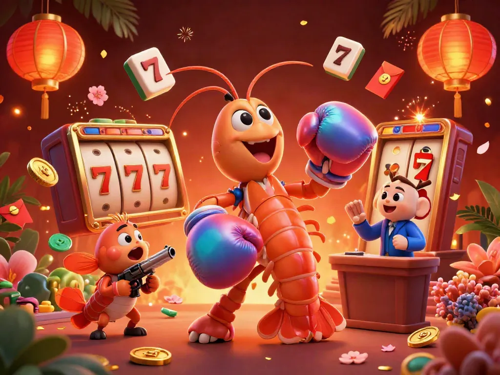Trải nghiệm các trò chơi tại V79 với chú tôm bò đỏ và cá bống đại diện trong không gian sắc màu sống động.