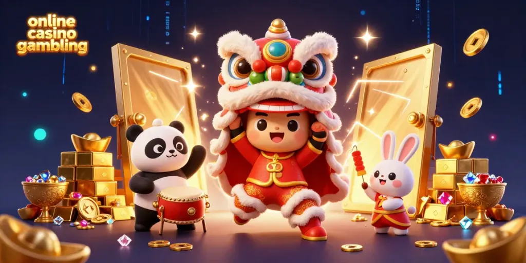 Engage in online casino gambling amid a vibrant 3D scene featuring a lion dance and treasure elements.
