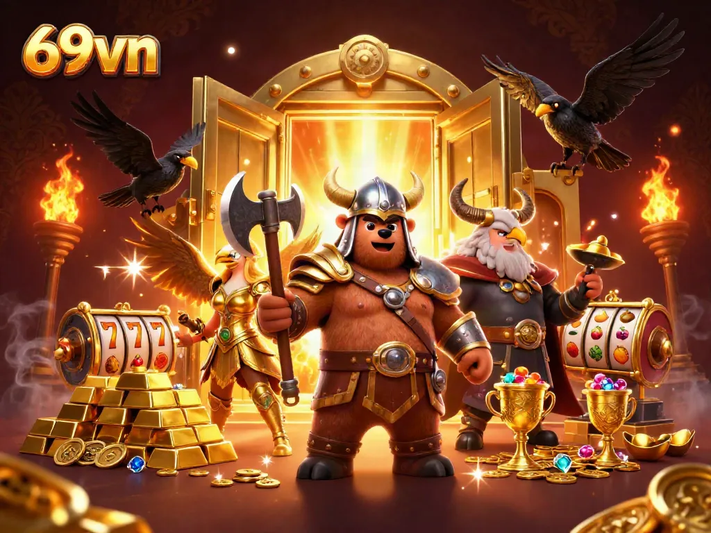 Experience thrilling wins at 69vn with vibrant casino action scenes featuring epic characters and sparkling treasures.