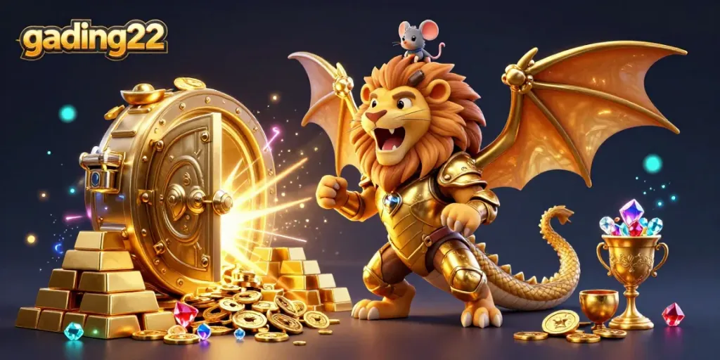 Experience the gaming triumph of gading22 with a majestic chimera character flourishing amidst gold and jewels.