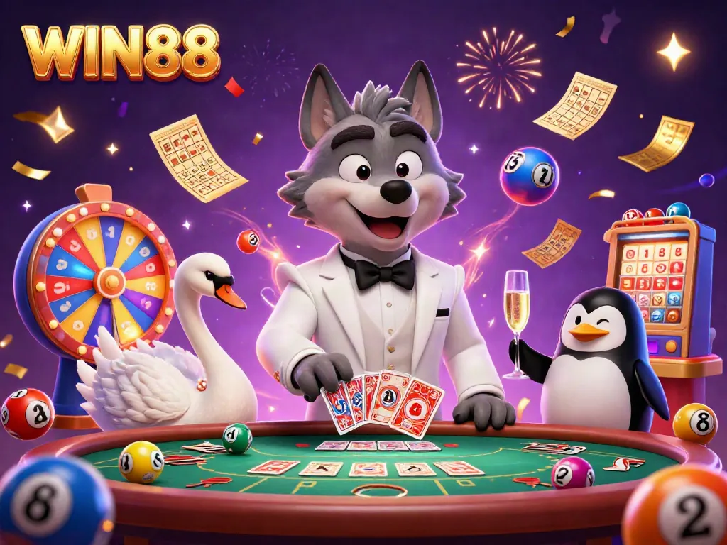 WIN88-themed celebration scene with cartoon characters enjoying games of chance
