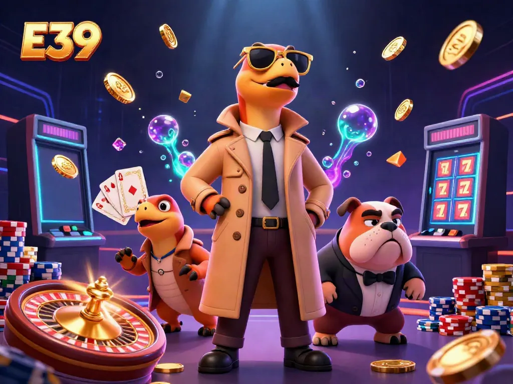 E39 raptors in a trench coat attempt to enter a casino, surrounded by casino elements.