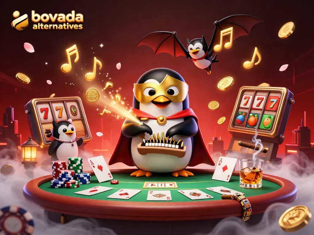 Discover bovada alternatives while a phantom penguin plays a golden organ amid floating coins and poker elements.