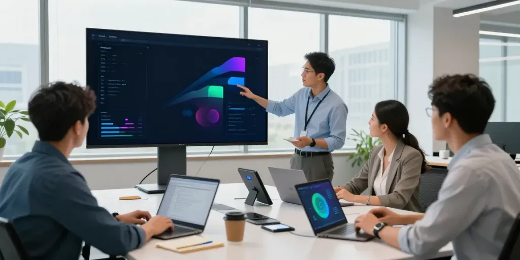 Team of professionals discussing azure managed services in a modern office setting with analytics dashboards.