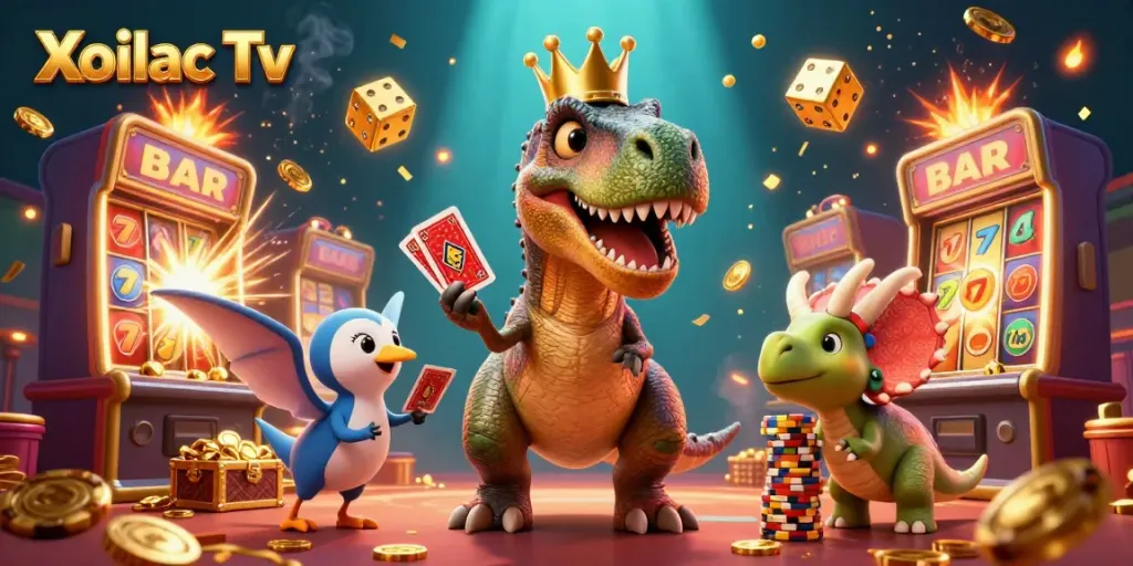 Xoilac Tv offers a vibrant casino scene featuring a T-Rex, pterodactyl, and triceratops involved in fun gambling activities.