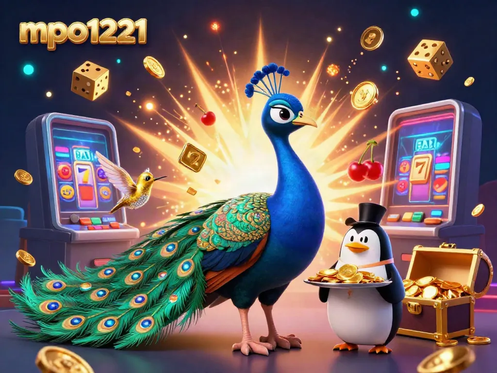 Experience the excitement of mpo1221 with an energetic 3D casino illustration showcasing vibrant game elements.