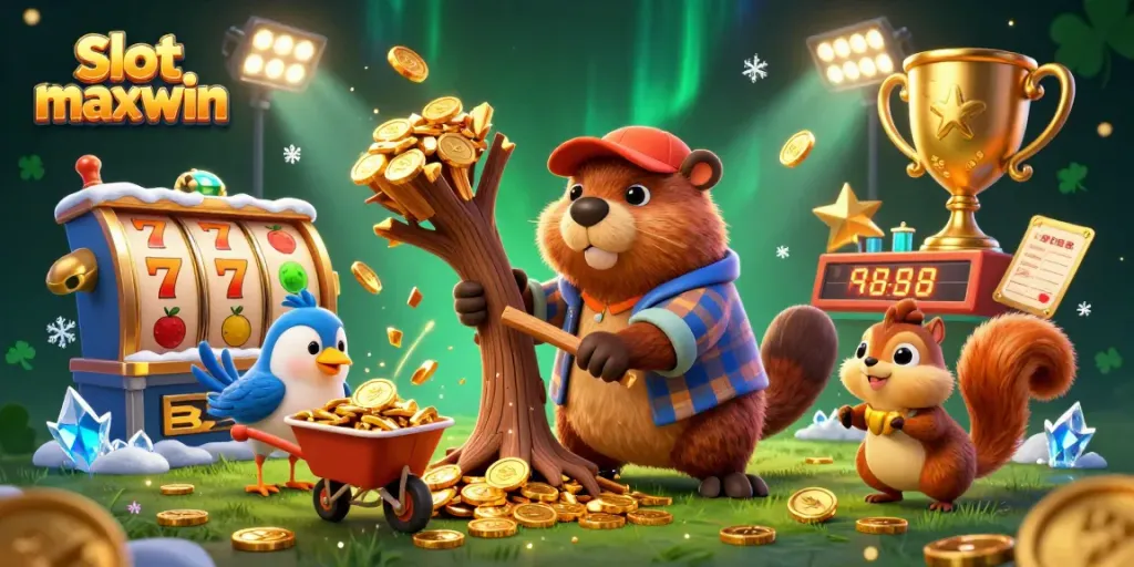 Experience the thrill of slot maxwin with vibrant characters and golden coin rewards in an exciting casino scene.
