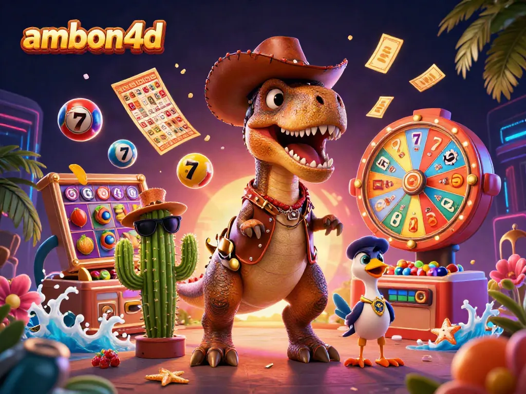 Engage with ambon4d's thrilling slot games in this vibrant 3D illustration featuring a dinosaur and friends.