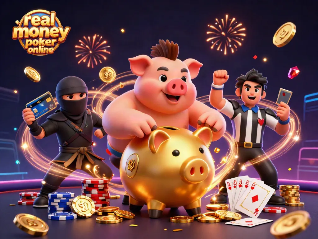 Experience real money poker online with vibrant 3D characters and gambling elements in a lively scene.